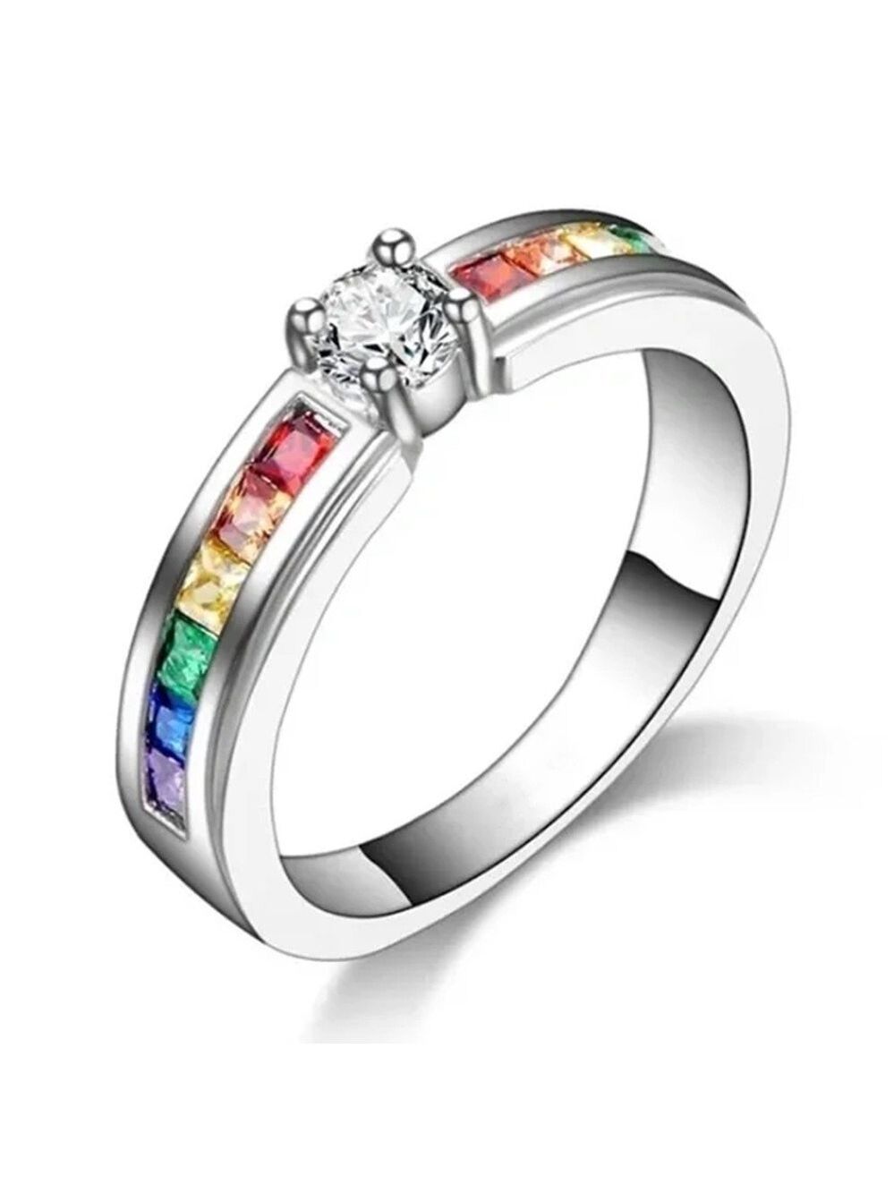Rainbow Pride Ring Fashion Jewelry Zircon Centre Stone Sz 6.5 Excellent Quality